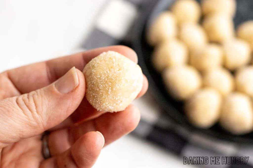 hand holding one of the edible sugar cookie dough bites