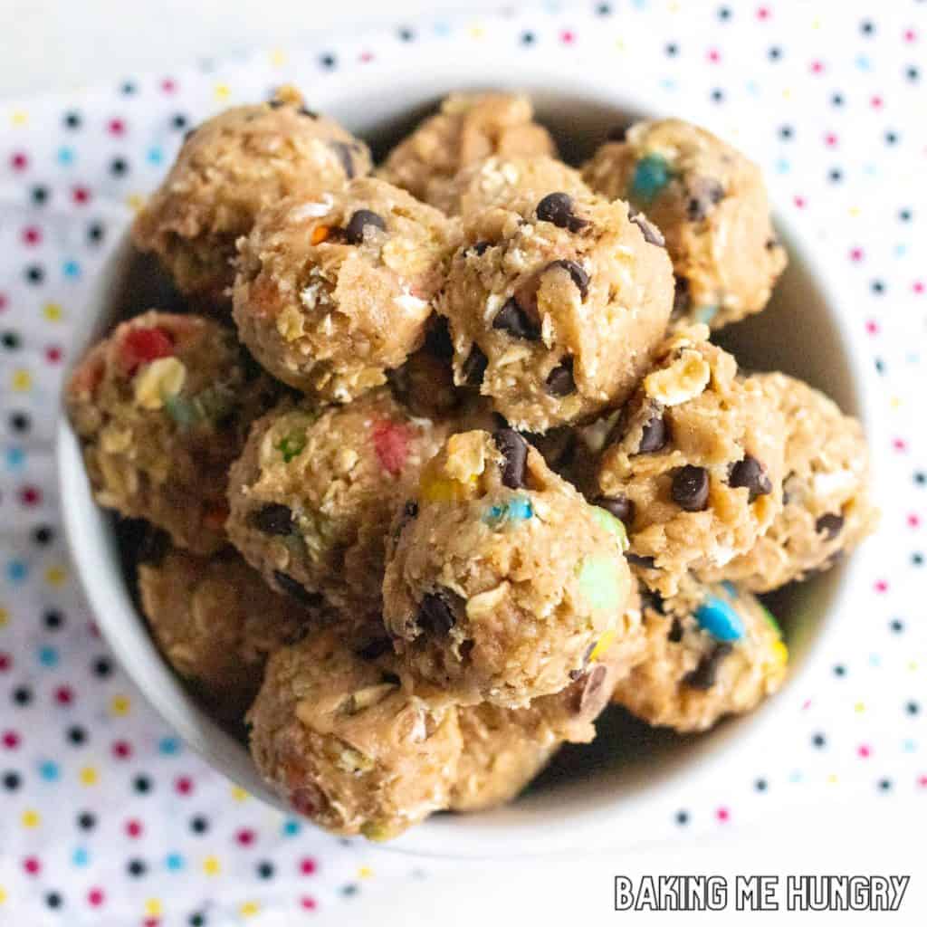 monster cookie dough balls in bowl close up from overhead