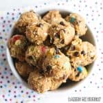 monster cookie dough balls in bowl close up from overhead