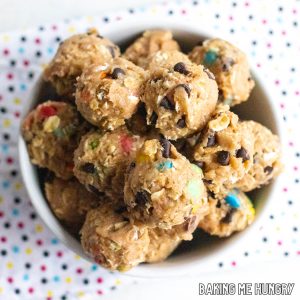monster cookie dough balls in bowl close up from overhead