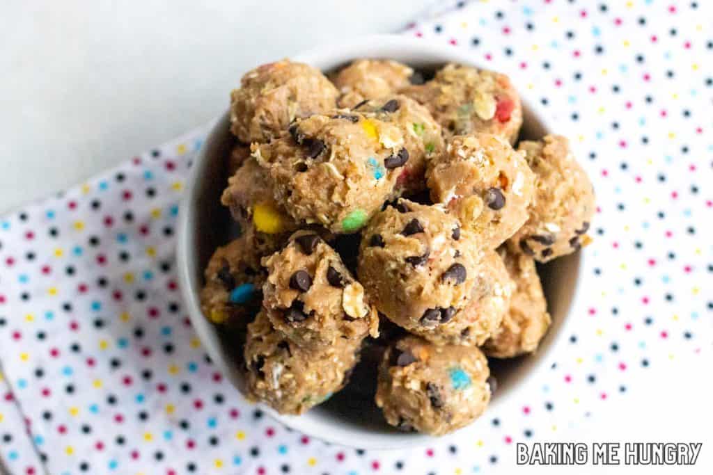 monster cookie dough bites in bowl from overhead