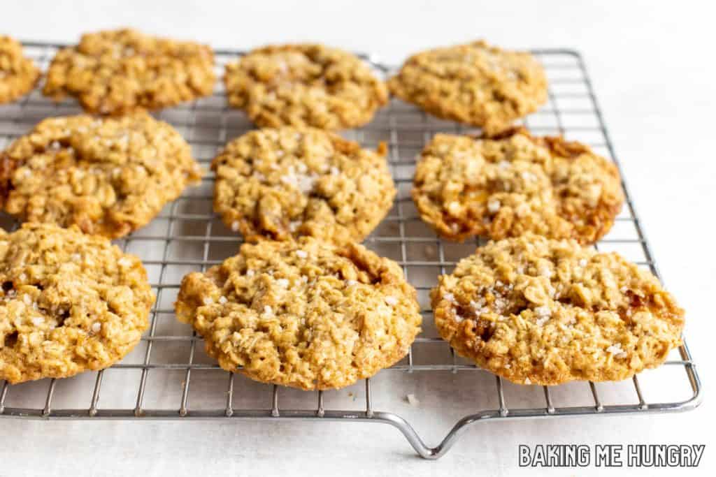 oat and pecan brittle cookies on wire rack