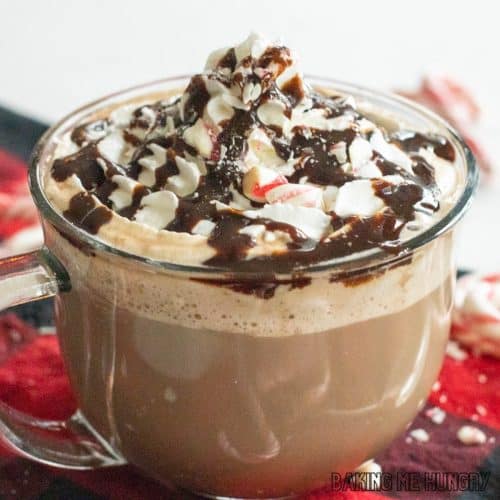 peppermint mocha latte recipe with whipped cream from side