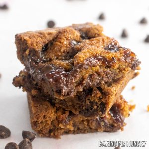 dark chocolate raspberry blondies recipe cut into squares and stacked