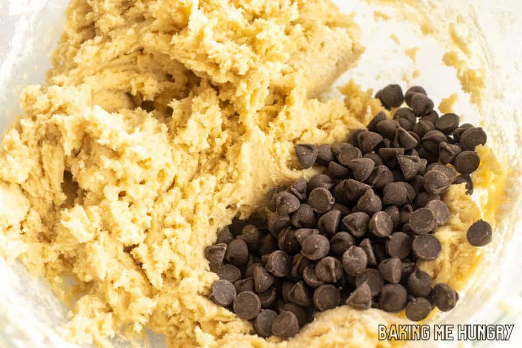 chocolate chips added to bowl