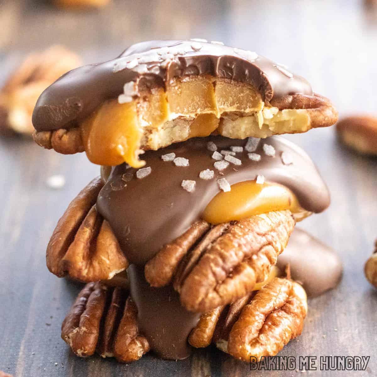 pecan caramel candies in a stack close up with top candy missing a bite