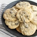 cookies and cream sugar cookies recipe close up on black plate from overhead