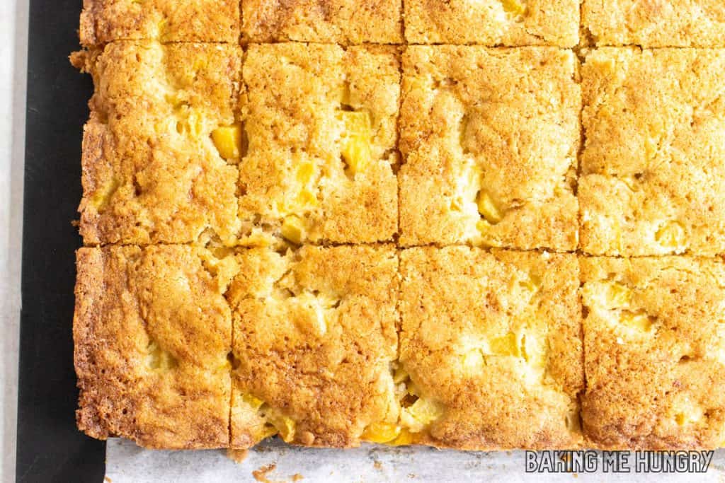 peach blondies cut into squares