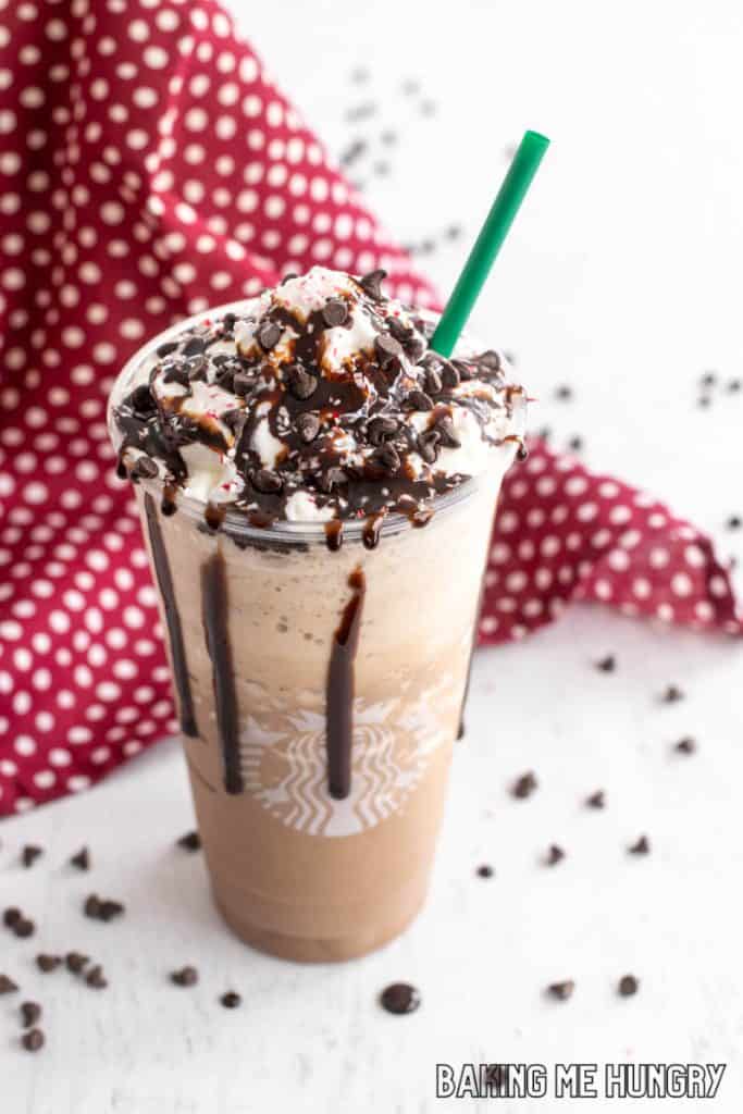 copycat starbucks peppermint mocha frappuccino in front of red polka dot napkin