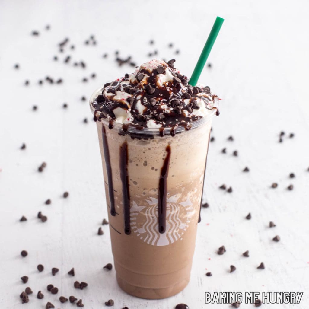 peppermint mocha frappuccino recipe in starbucks cup with straw