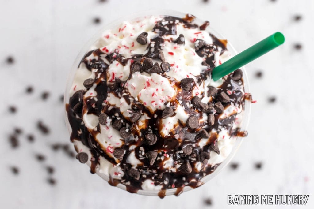 peppermint mocha frappuccino from overhead with green straw