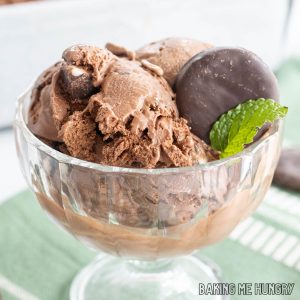 york peppermint patty ice cream recipe close up in a glass dish garnished with a candy and mint leaf