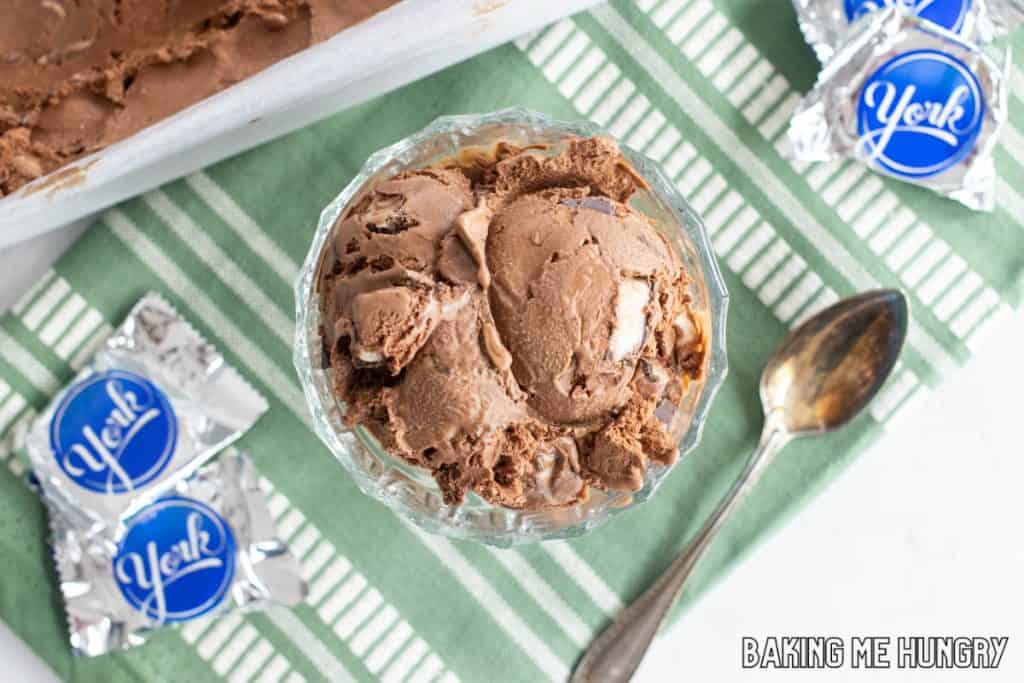 york peppermint patty ice cream in a dish from overhead