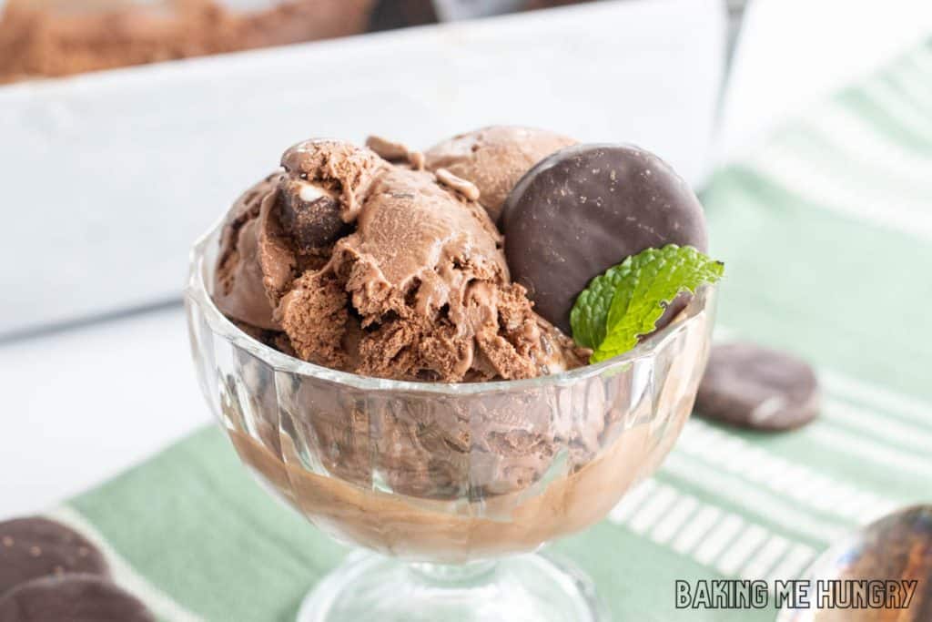 york peppermint patty ice cream recipe in a glass dish garnished with a candy and mint leaf