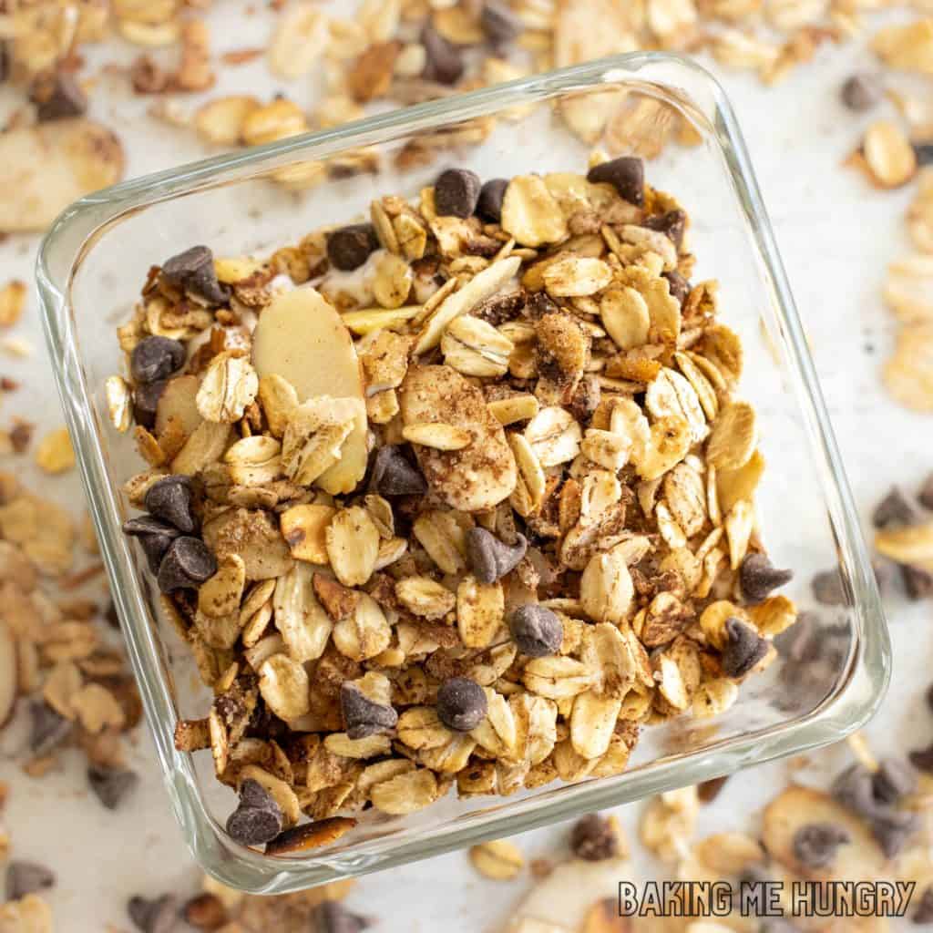 chocolate granola recipe in small dish close up