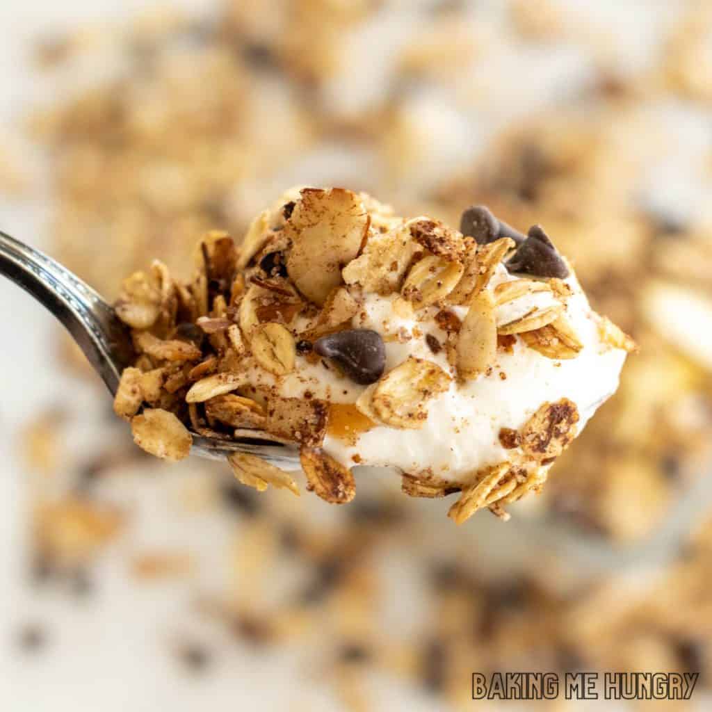 chocolate granola recipe on spoon with yogurt close up