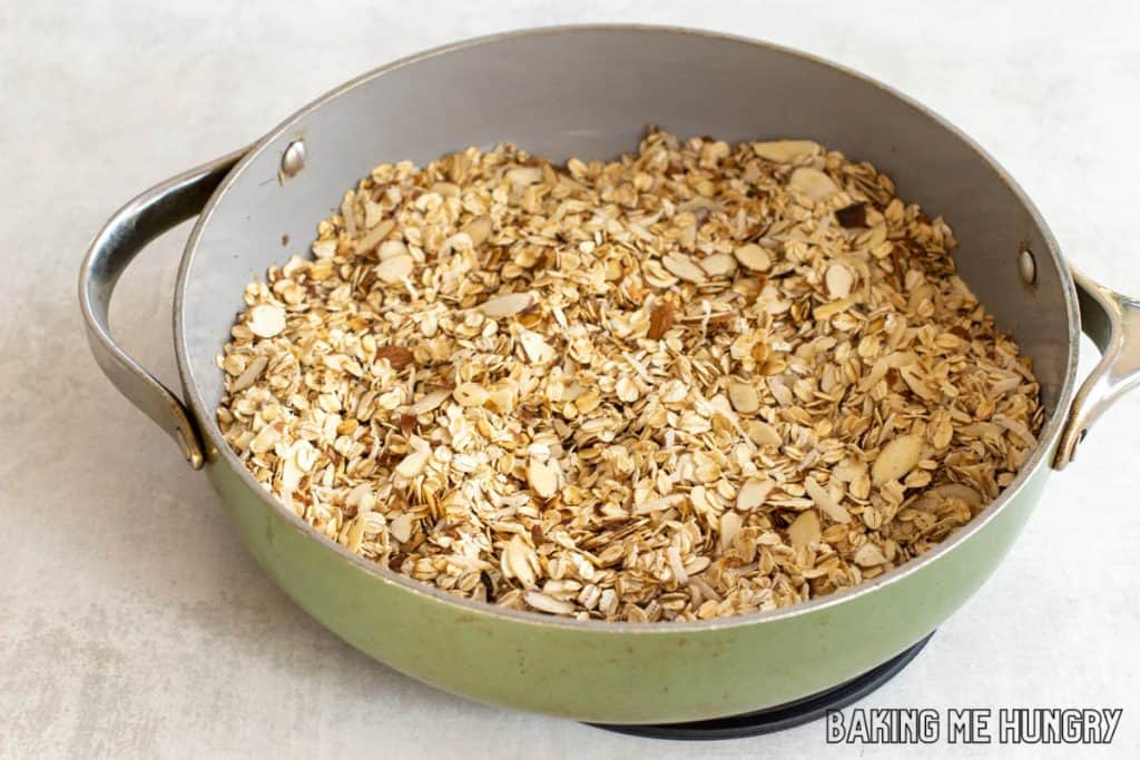 toasted oats, nuts, and coconut in skillet