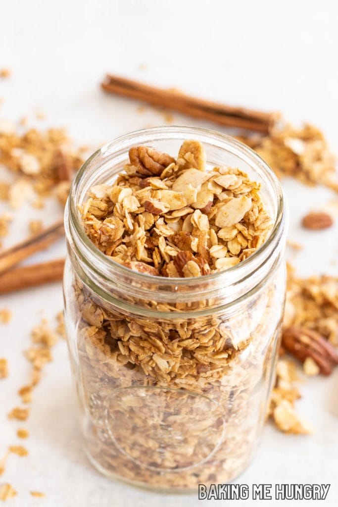 large mason jar of cinnamon granola