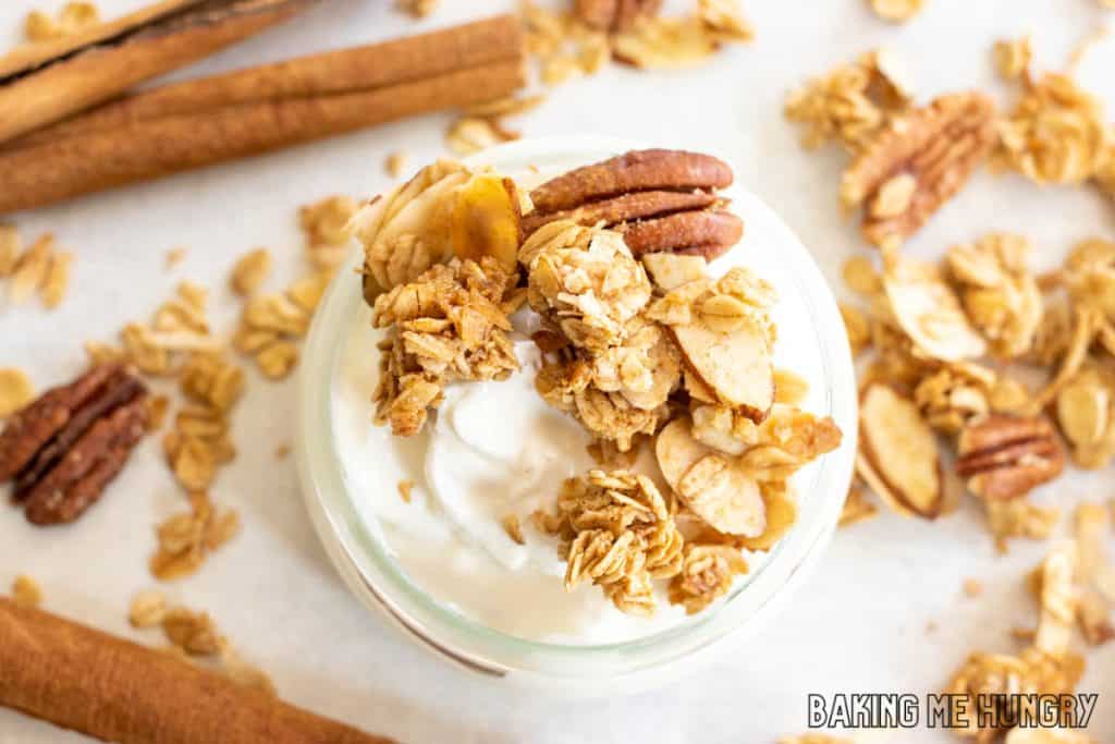 cinnamon granola on top of yogurt