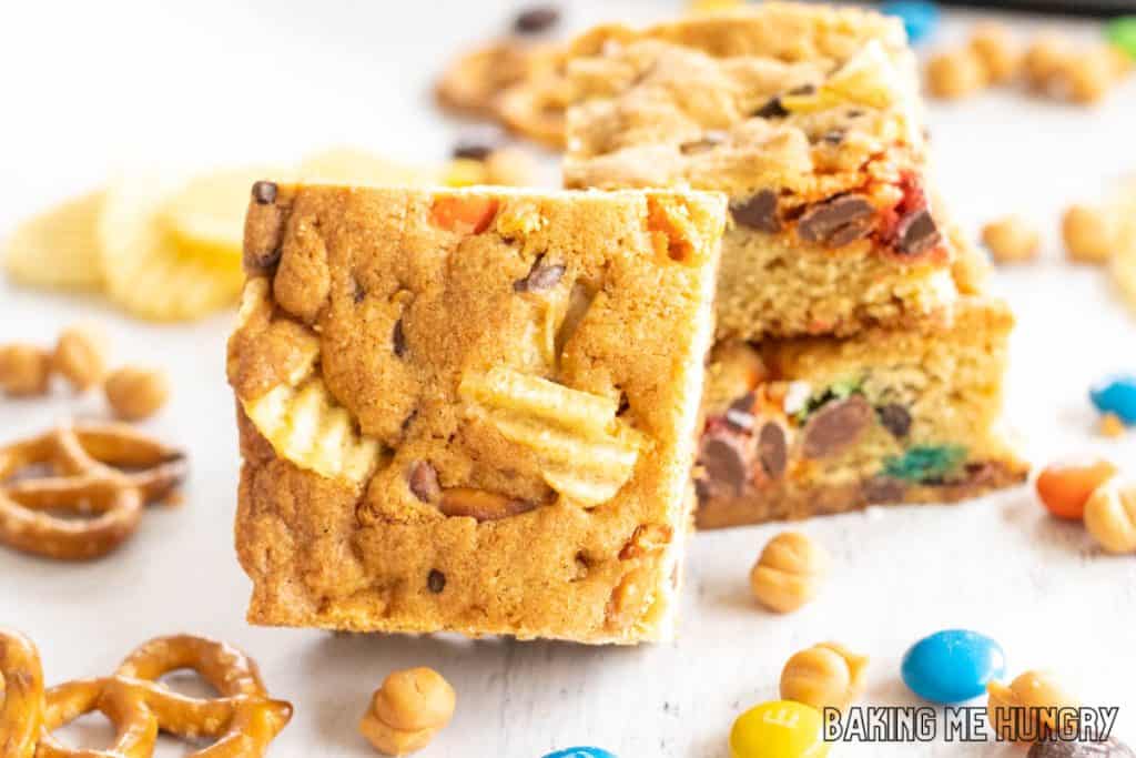 kitchen sink cookie bars in a stack with on on its side