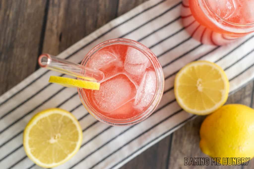 overhead shot of raspberry lemonade in two glasses