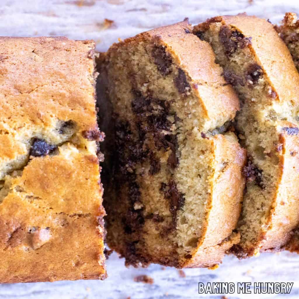brown butter chocolate chip banana bread cut into slices close up