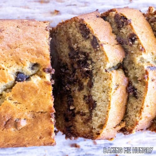 brown butter chocolate chip banana bread cut into slices close up