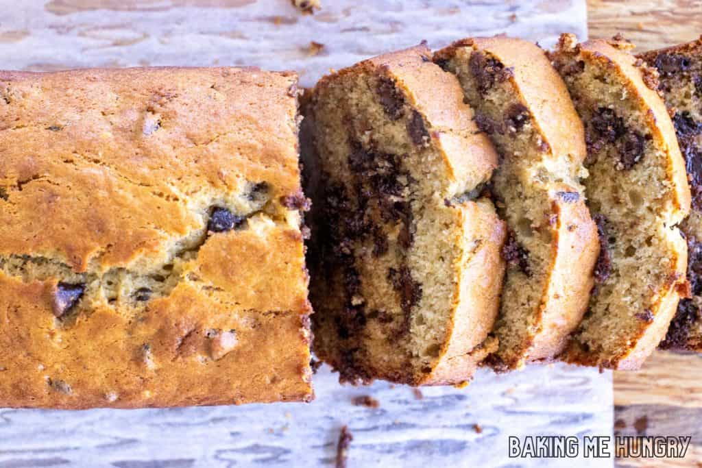 brown butter chocolate chip banana bread cut into slices