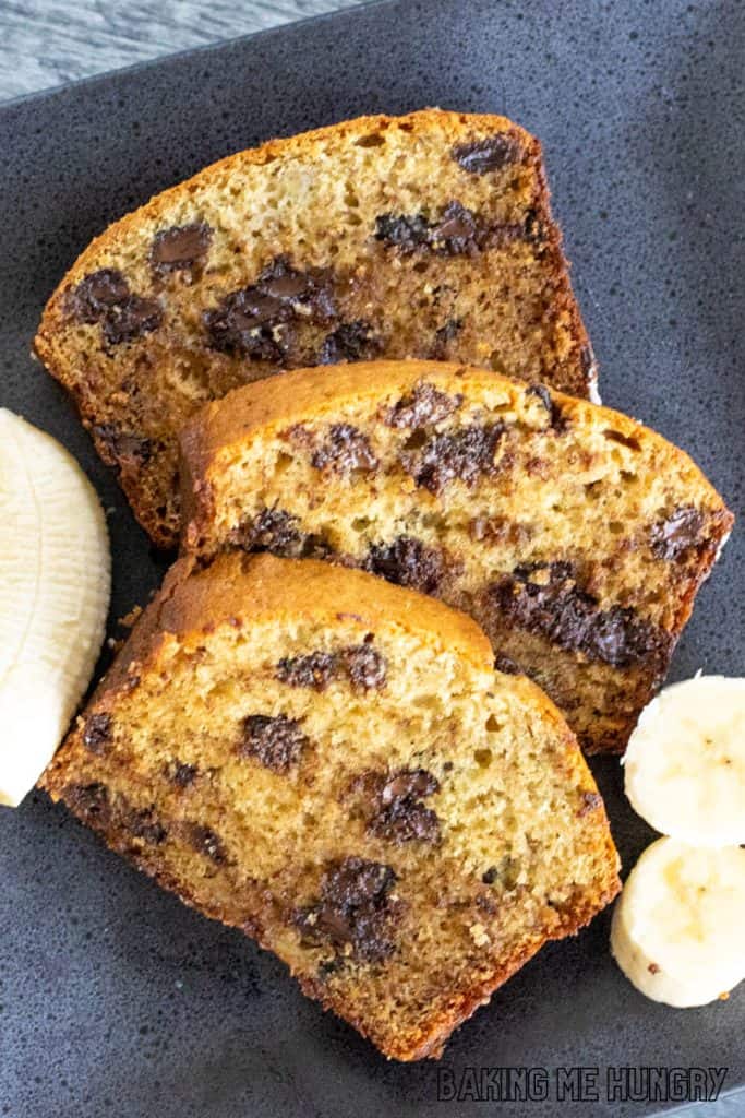 slices of brown butter chocolate chip banana bread on plate
