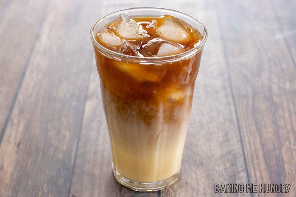 caramel iced coffee in tall glass