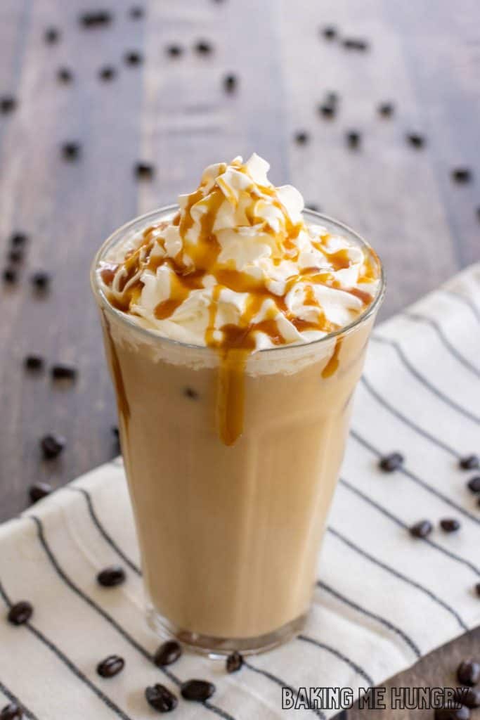 caramel iced coffee recipe topped with whipped cream and caramel syrup
