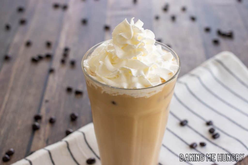 caramel iced coffee recipe topped with whipped cream