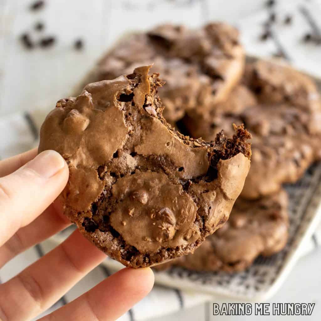 fudgy chocolate cookies being held by hand missing a bite
