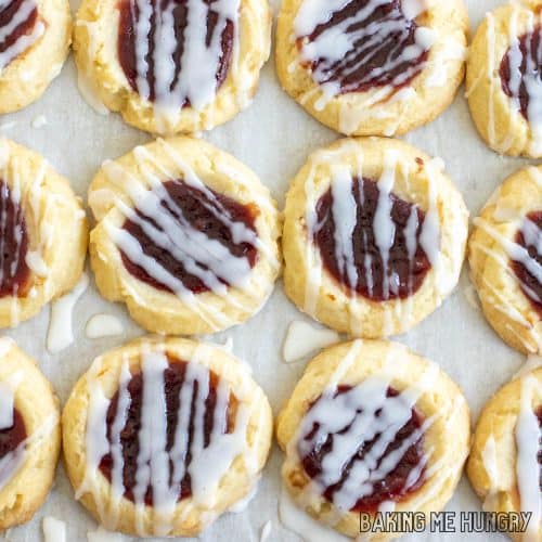 lemon raspberry cookie recipe with lemon glaze close up on parchment paper