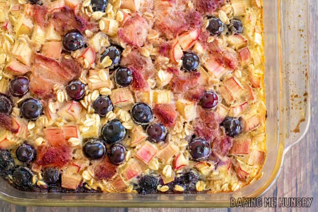 baked rhubarb oatmeal in glass baking dish