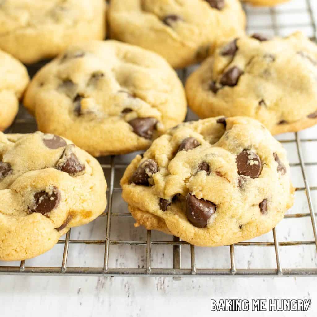 brown sugar chocolate chip cookies close up on wire rack