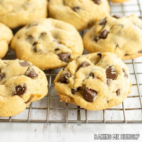 brown sugar chocolate chip cookies close up on wire rack
