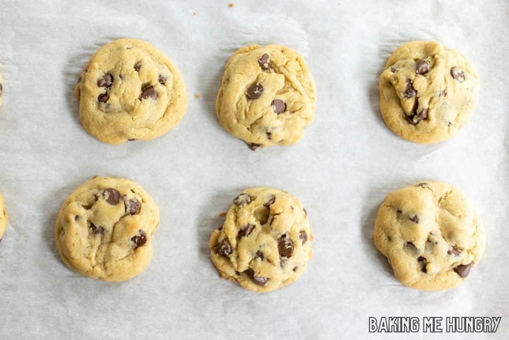 brown sugar chocolate chip cookies on parchment paper