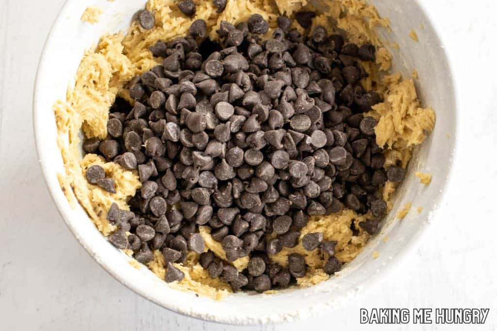 chocolate chips added to bowl