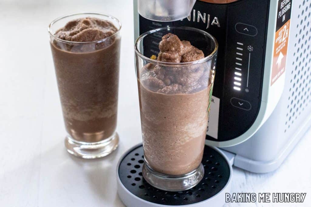chocolate slushy being dispensed from ninja slushi machine