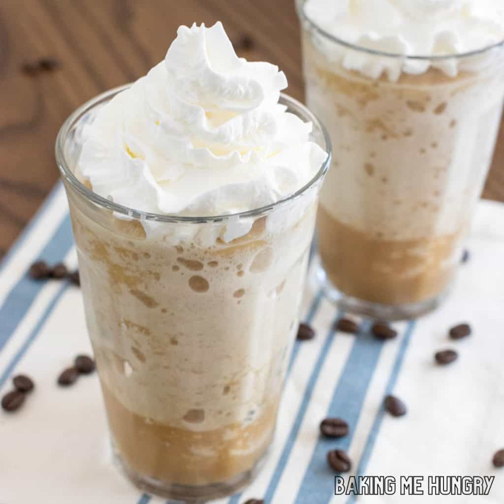 coffee slushy recipe in two glasses close up with whipped cream