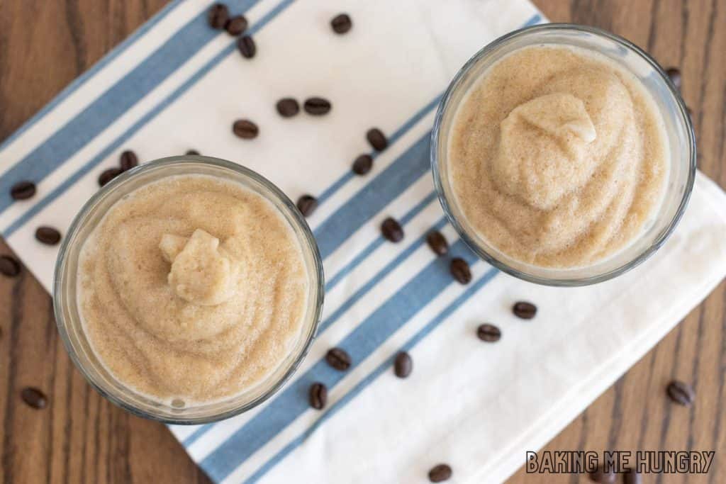 coffee slushy recipe in two glasses from overhead