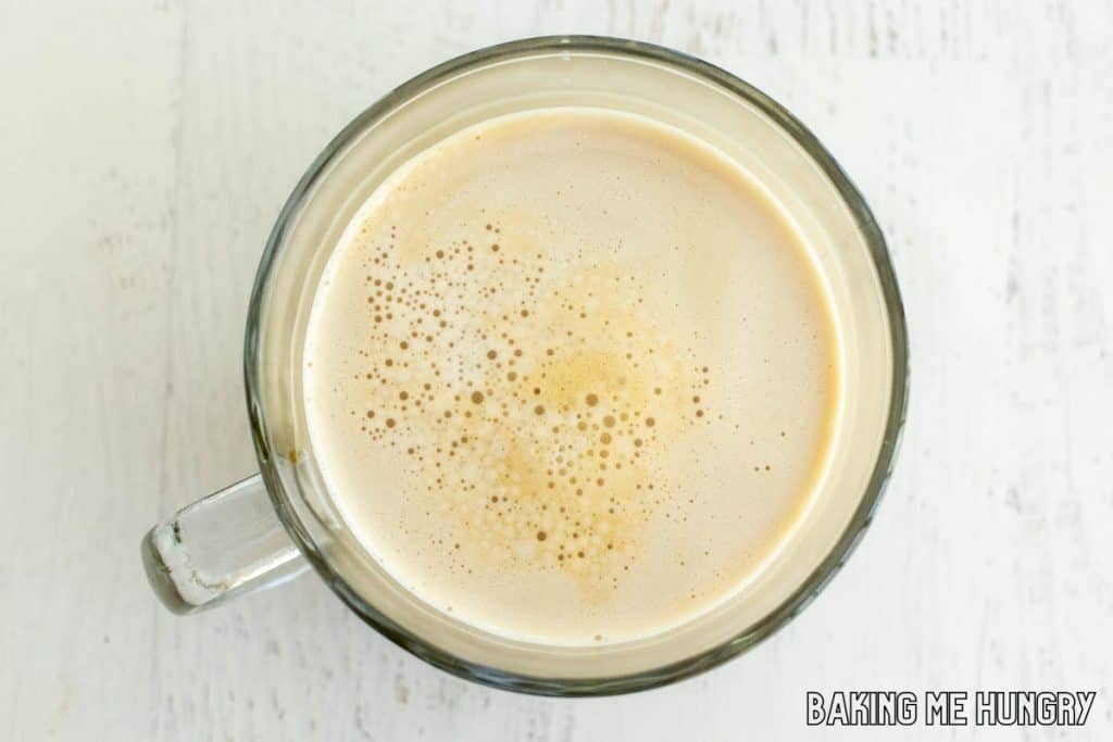 overhead shot of drink in glass mug