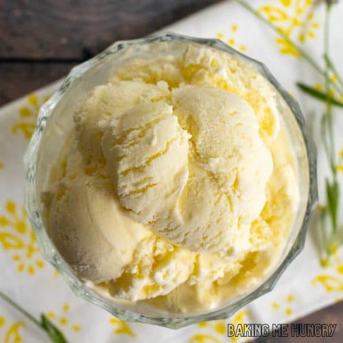 lavender lemonade ice cream recipe close up served in a glass bowl from overhead