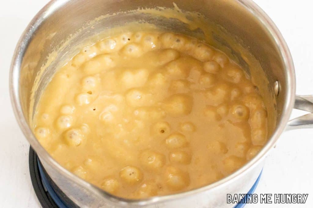 bubbly caramel in saucepan