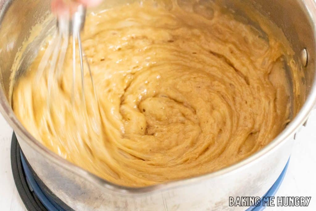 caramel in saucepan being stirred