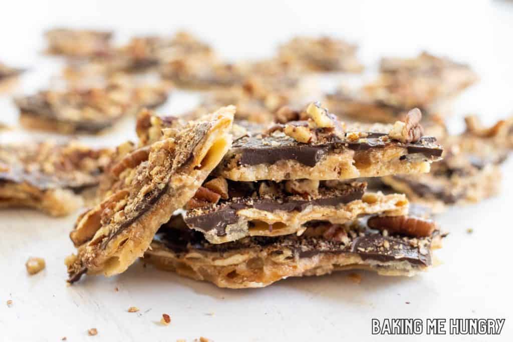 pretzel crack recipe in a stack with one piece on its side