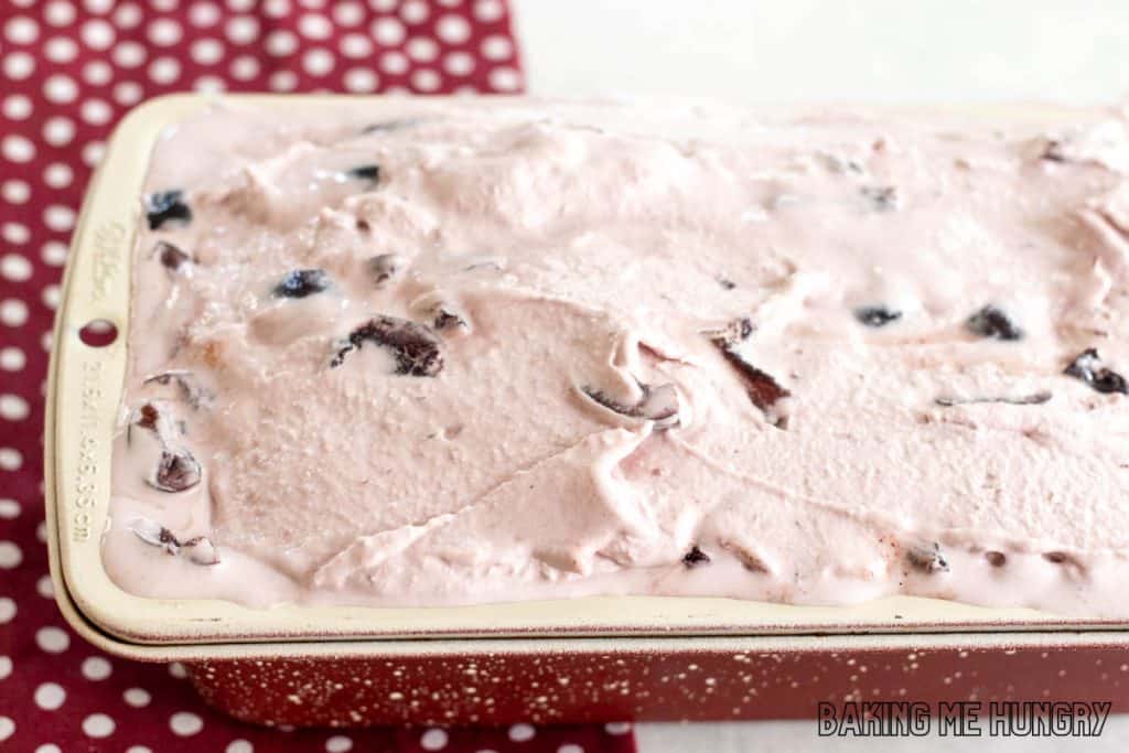 amaretto cherry ice cream added to loaf pan
