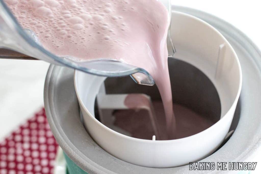 liquid being adding to frozen bowl