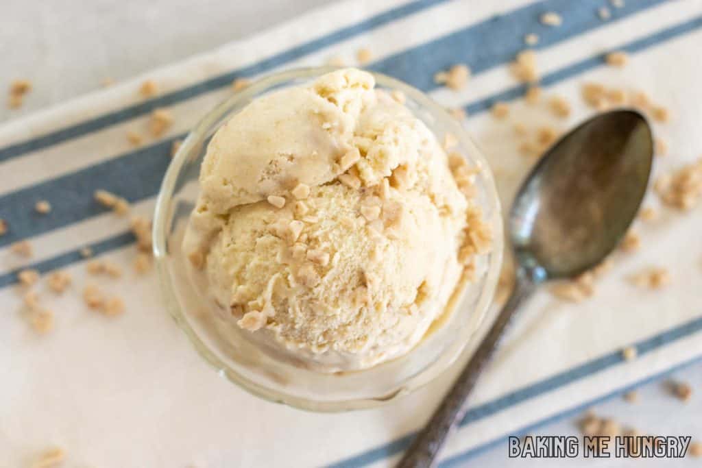 banoffee ice cream in bowl with toffee bits from overhead